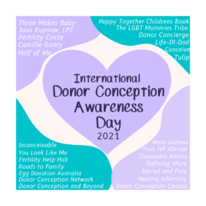 A purple and teal graphic reads "International Donor Conception Awareness Day 2021" inside a purple heart. The heart is surrounded by the names of founding partners, including Tulip and Donor Concierge.